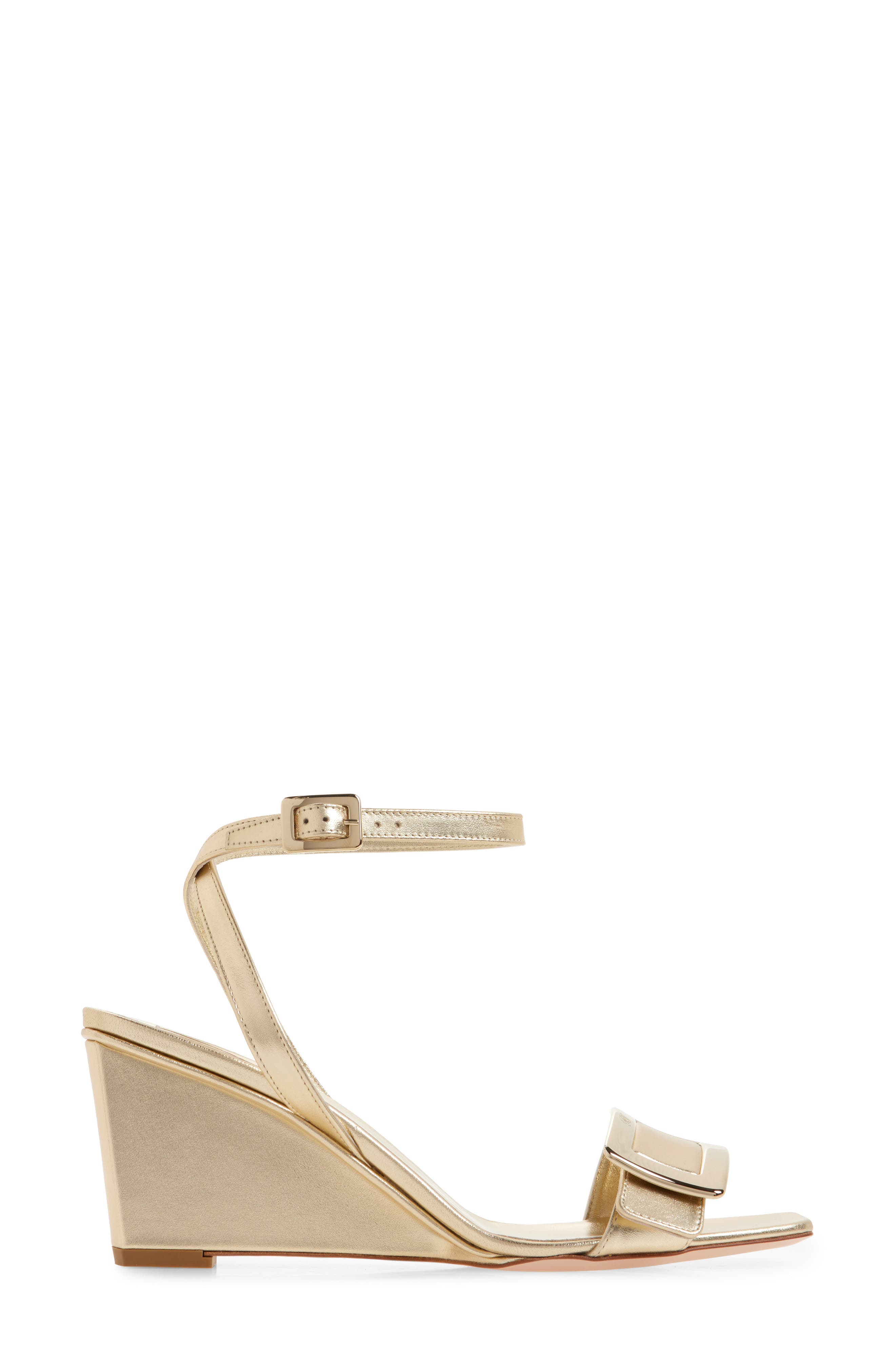 Roger Vivier Belle Vivier Metallic Ankle Strap Wedge Sandal, Alternate, color, Gold