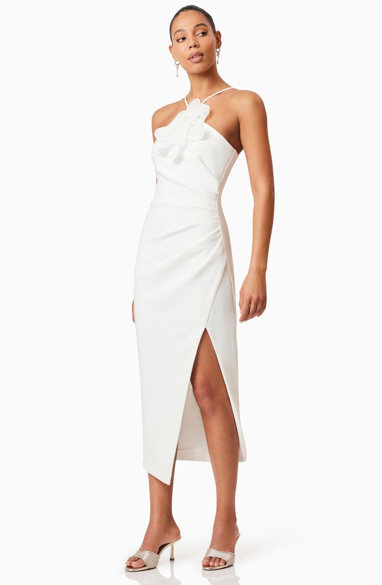 Elliatt Janelle Floral Appliqué Halter Neck Cocktail Midi Dress, Alternate, color, Ivory