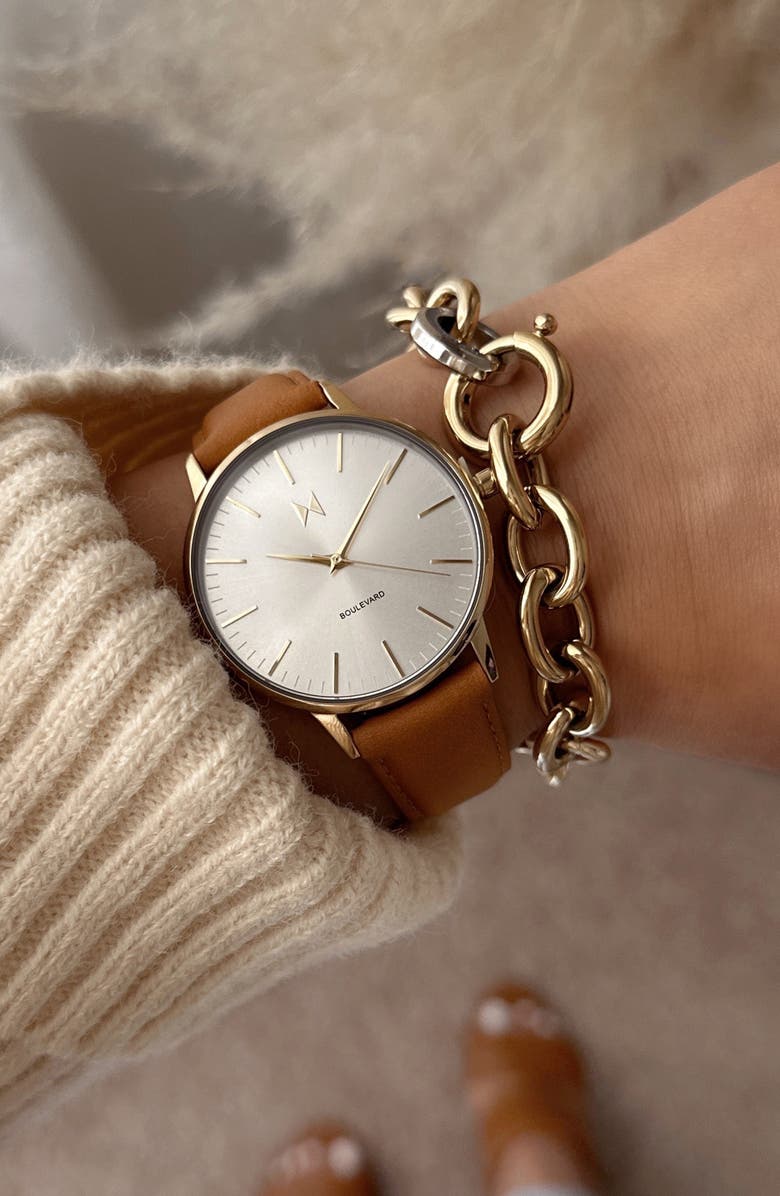 MVMT Boulevard Quartz Leather Strap Watch, 38mm, Alternate, color, White/ Tan