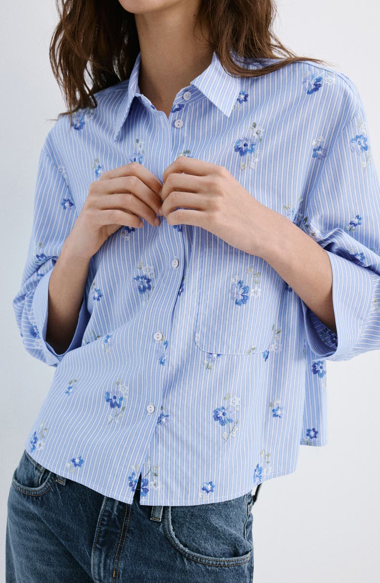 MANGO Embroidered Stripe Button-Up Shirt, Alternate, color, Sky Blue