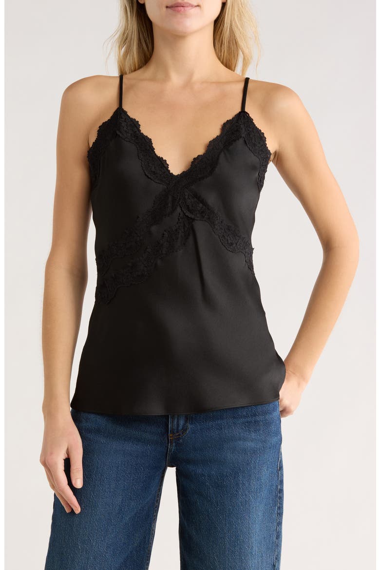 Lace Trim Satin Camisole, Main, color, BLACK