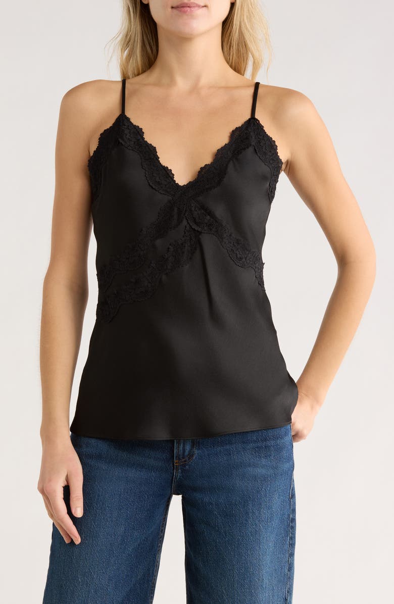 Leith Lace Trim Satin Camisole, Main, color, Black
