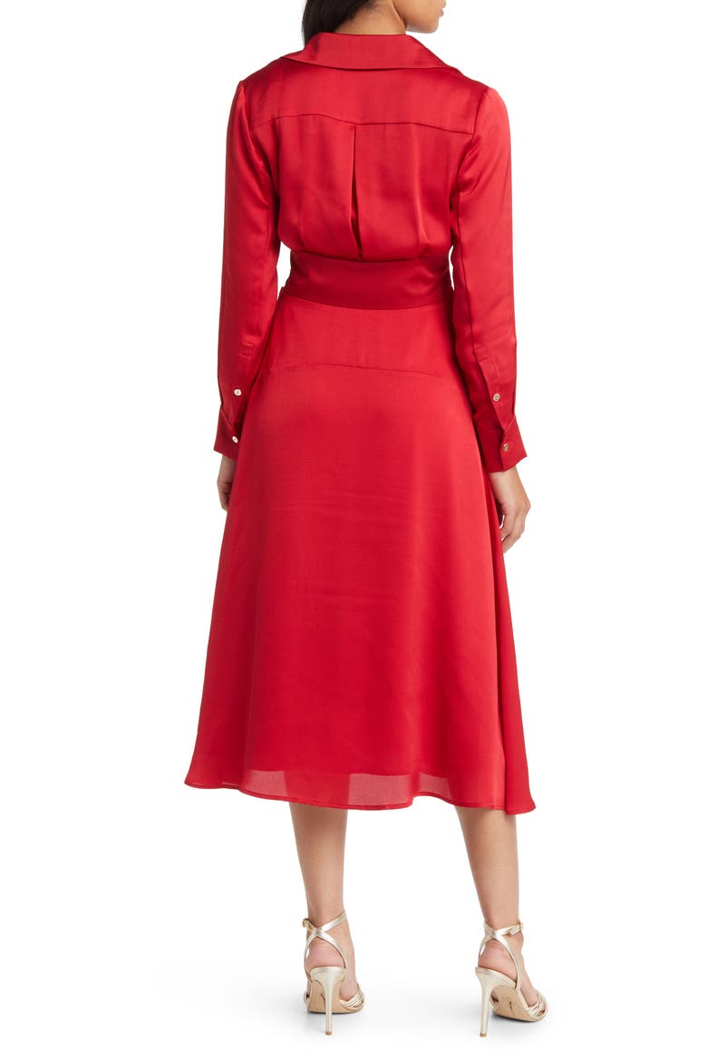 Long Sleeve Hammered Satin Faux Wrap Midi Shirtdress, Alternate, color, RUBY