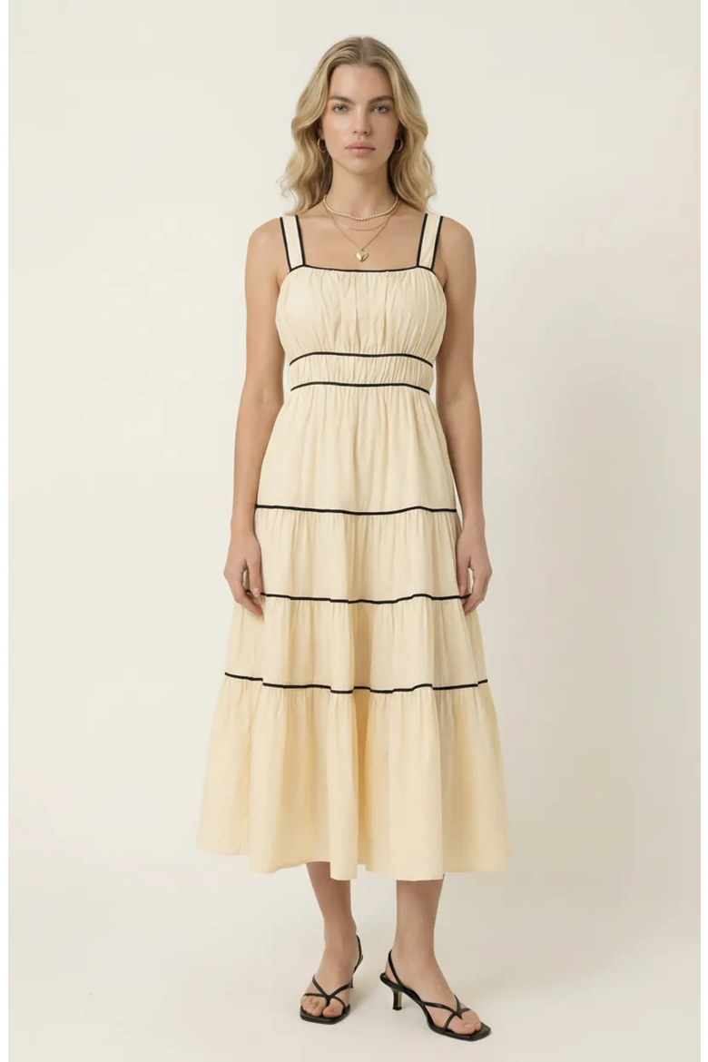 Strappy Tiered Contrast Trim Maxi Dress, Main, color, Pale Yellow