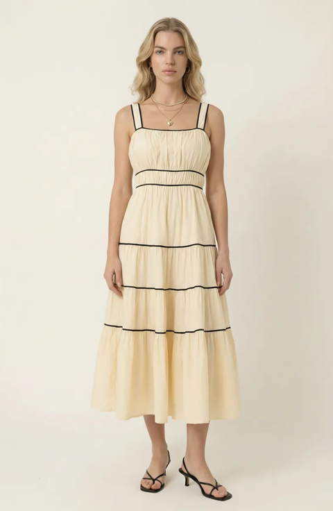 Strappy Tiered Contrast Trim Maxi Dress
