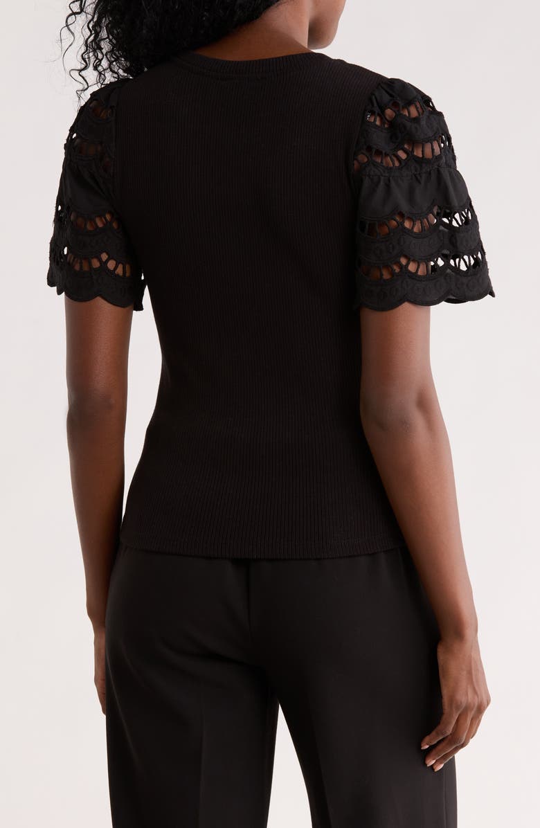 T Tahari Embroidered Eyelet Sleeve Ribbed Top, Alternate, color, Black
