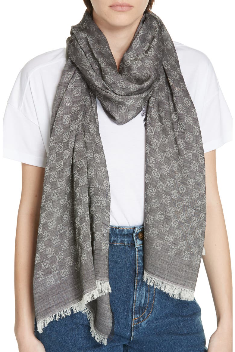 Monogram Wool & Silk Scarf, Alternate, color, GREY