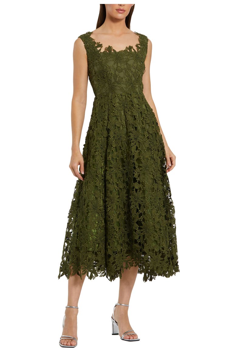Mac Duggal Sleeveless Square Neck Lace A-Line Midi Dress, Main, color, Army Green