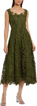 Mac Duggal Sleeveless Square Neck Lace A-Line Midi Dress