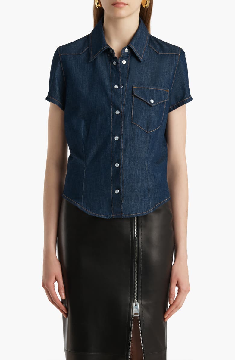 Khaite Cavazos Short Sleeve Denim Snap-Up Shirt, Main, color, Benson