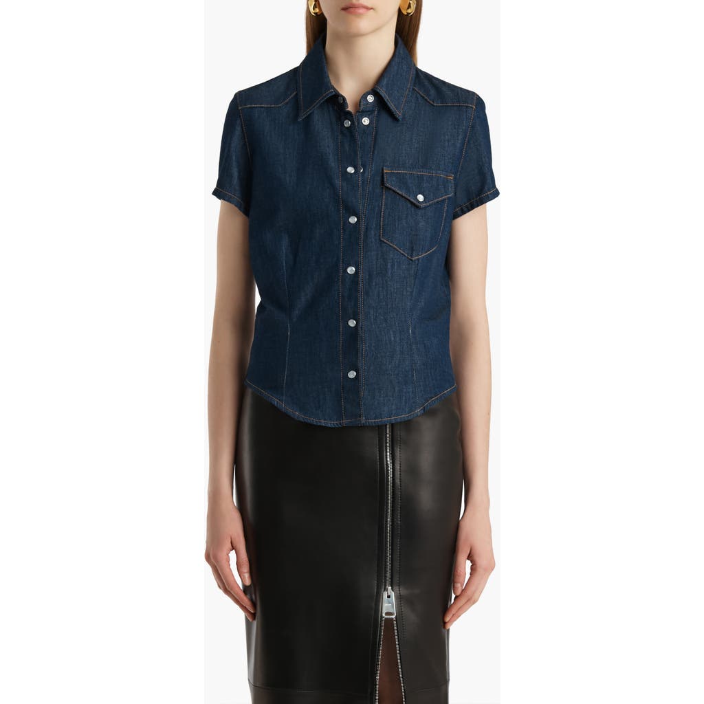 Khaite Cavazos Short Sleeve Denim Snap-up Shirt In Blue