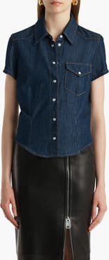 Khaite Cavazos Short Sleeve Denim Snap-Up Shirt