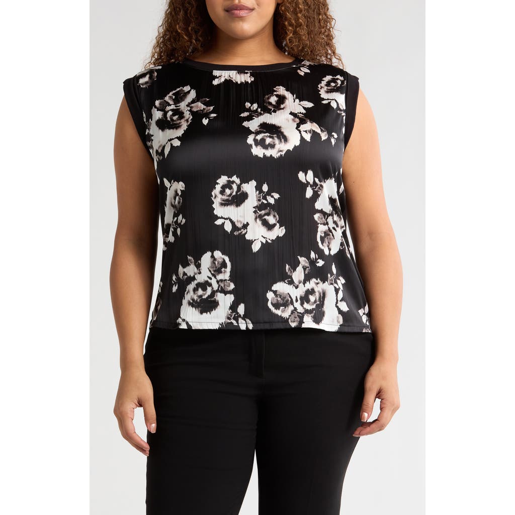 Liverpool Los Angeles Petite Floral-front Sleeveless Top In Black White Floral