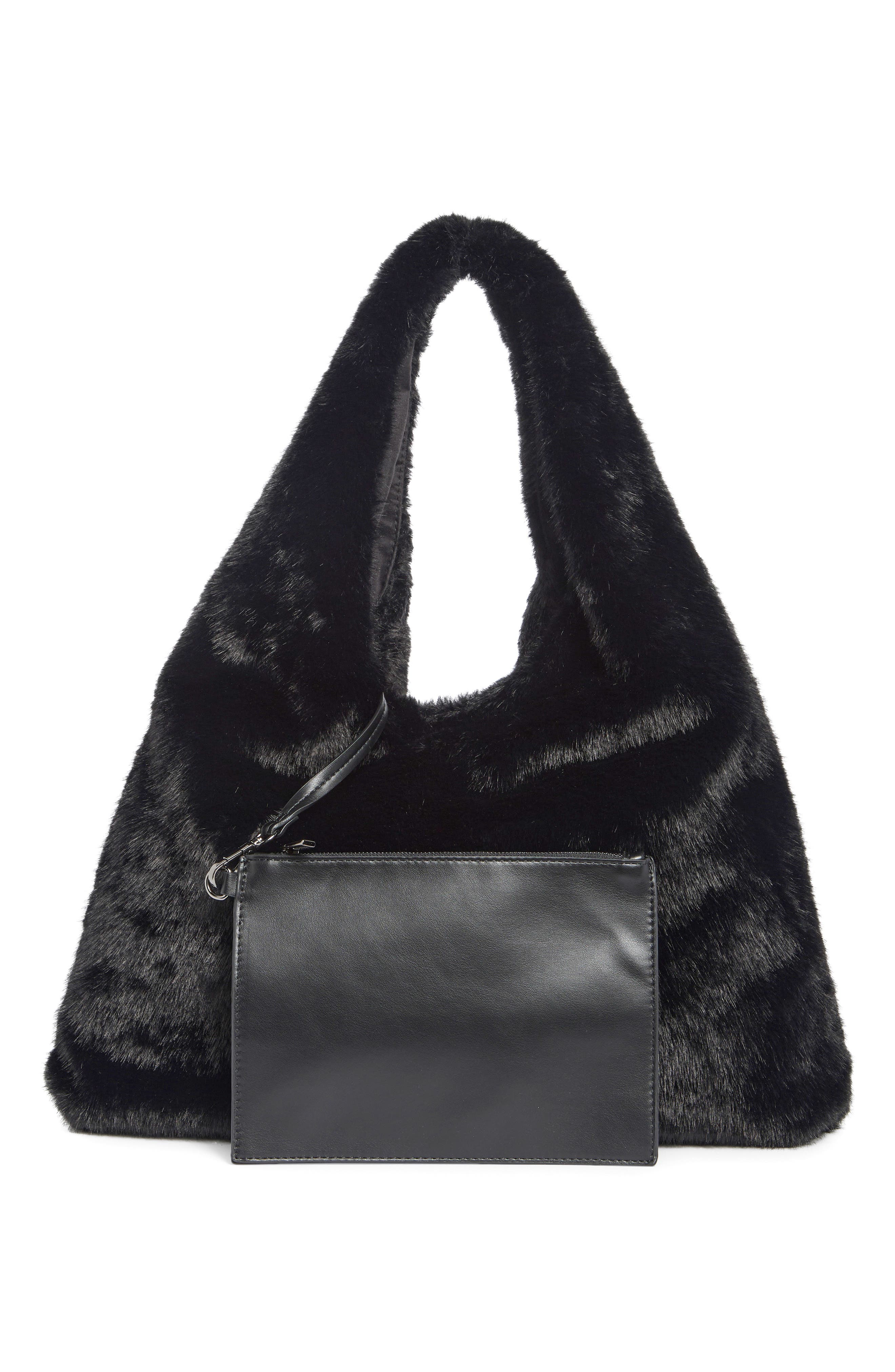 Triangle Faux Fur Hobo Bag, Alternate, color, BLACK