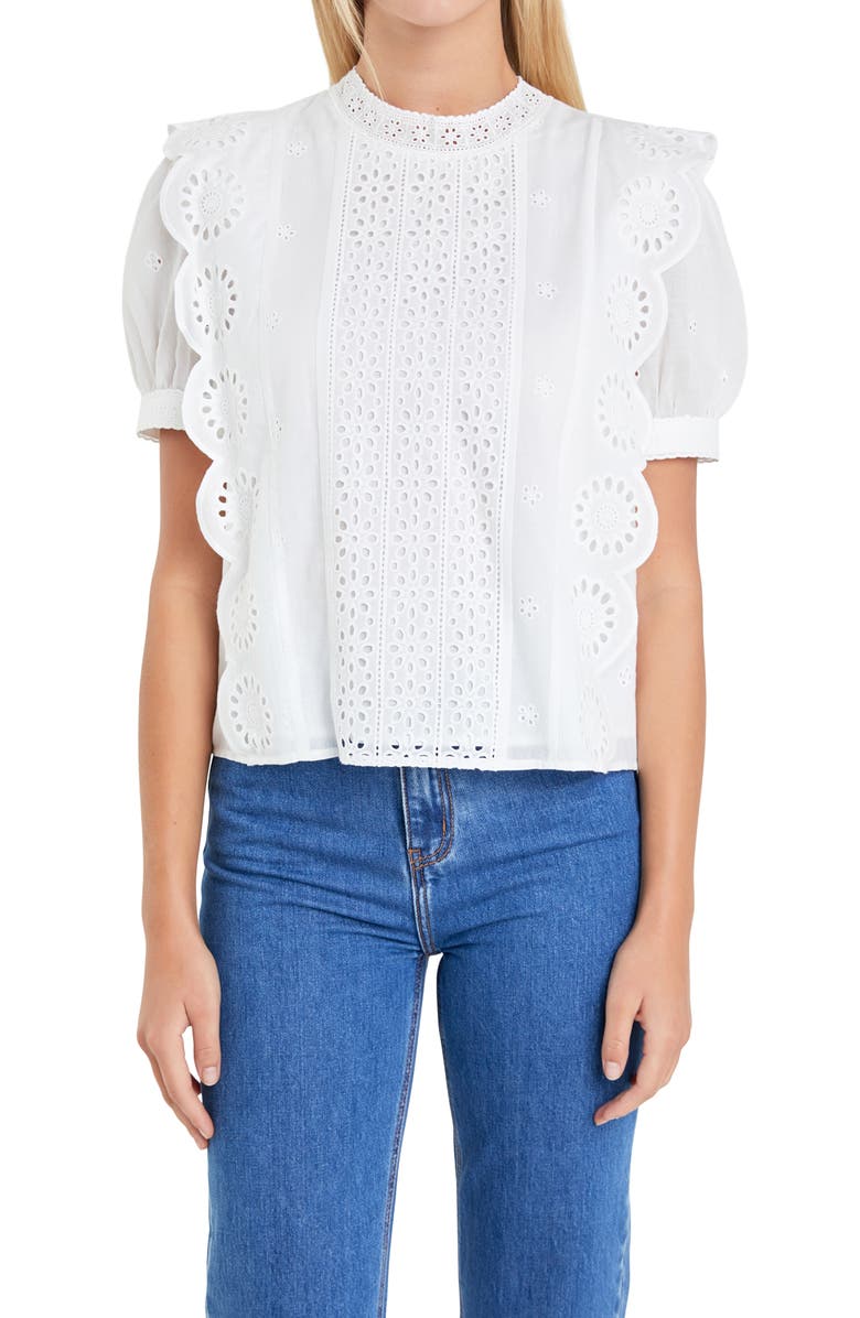 English Factory Embroidered Eyelet Short Sleeve Cotton Top, Alternate, color, White