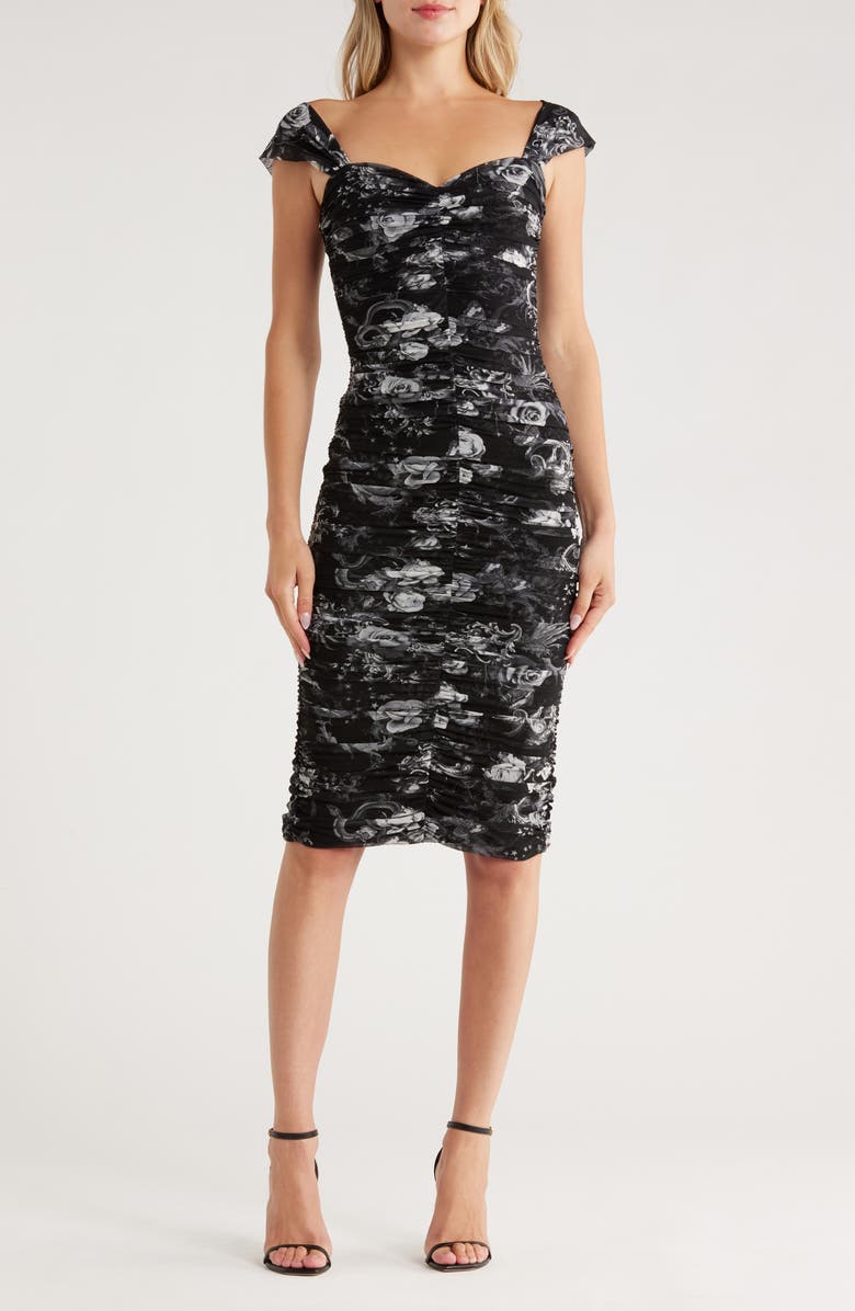 L'AGENCE Winslow Ruched Mesh Midi Dress, Main, color, Black Multi Zodiac