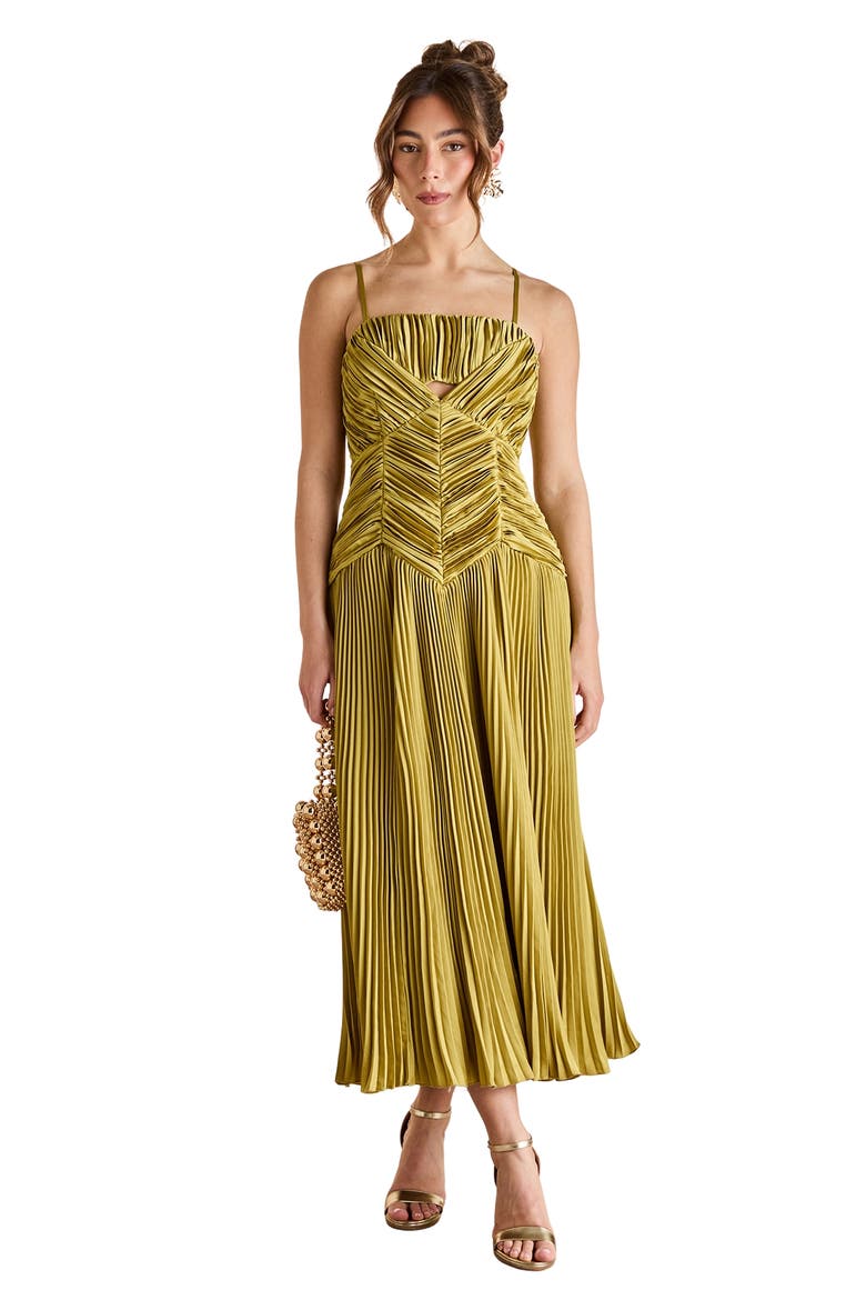 Pleated Peplum Strappy Satin Dress, Main, color, Olive