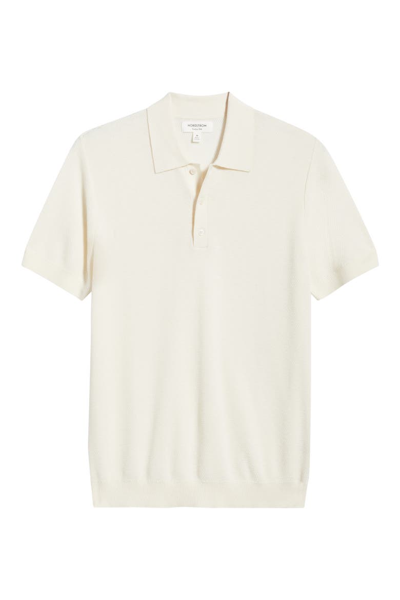 Short Sleeve Textured Cotton & Silk Polo Sweater, Alternate, color, IVORY PRISTINE