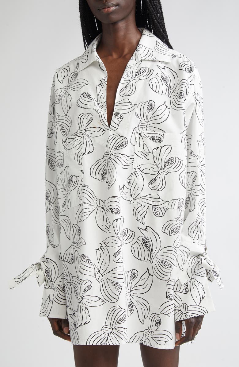 Max Mara Sansa Bow Print Long Sleeve Cotton Poplin Minidress, Alternate, color, White