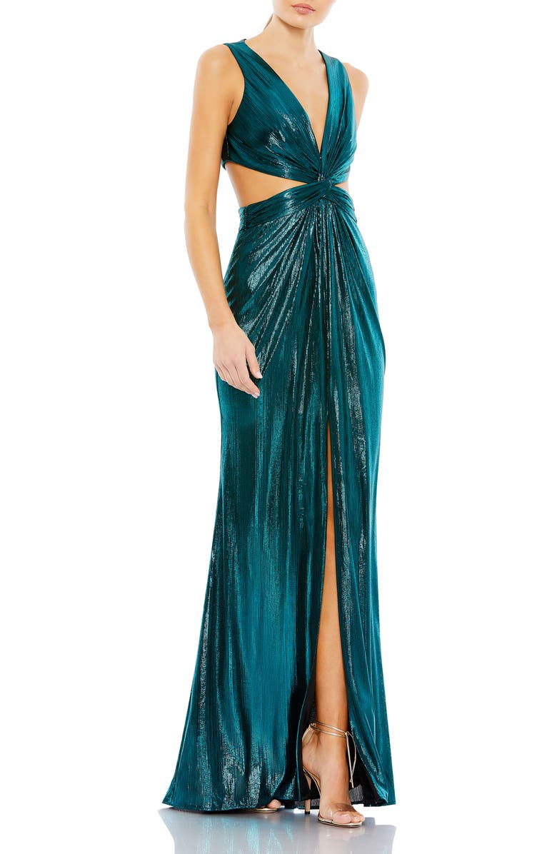 Mac Duggal Sleeveless Metallic Cut Out Gown, Main, color, Teal