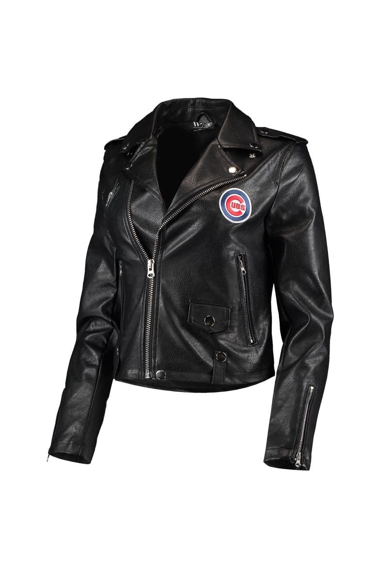 Women's The Wild Collective Black Chicago Cubs Faux Leather Moto Full-Zip Jacket, Alternate, color, Black