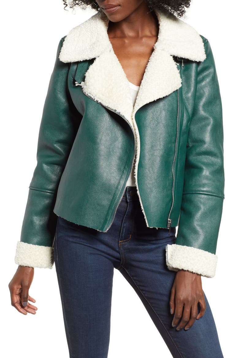 Moto Jacket with Faux Shearling Lining, Main, color, OUT OF THE WOODS