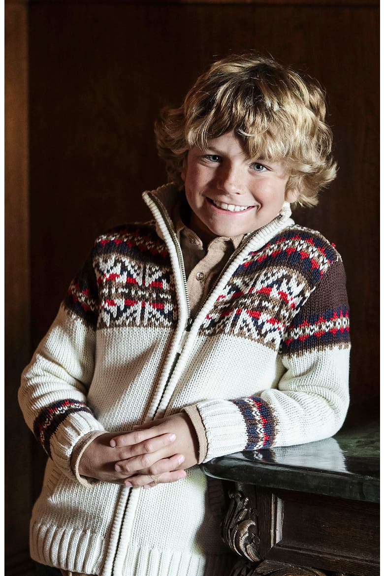Kids' Organic Long Sleeve Full Zip Mock Neck Intarsia Sweater, Alternate, color, Ivory Fireside Geo