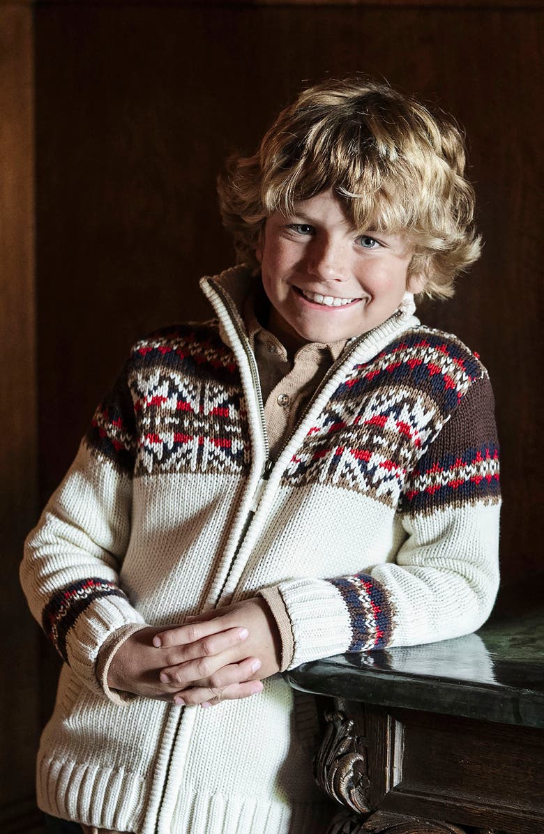 Hope & Henry Kids' Organic Long Sleeve Full Zip Mock Neck Intarsia Sweater, Alternate, color, Ivory Fireside Geo