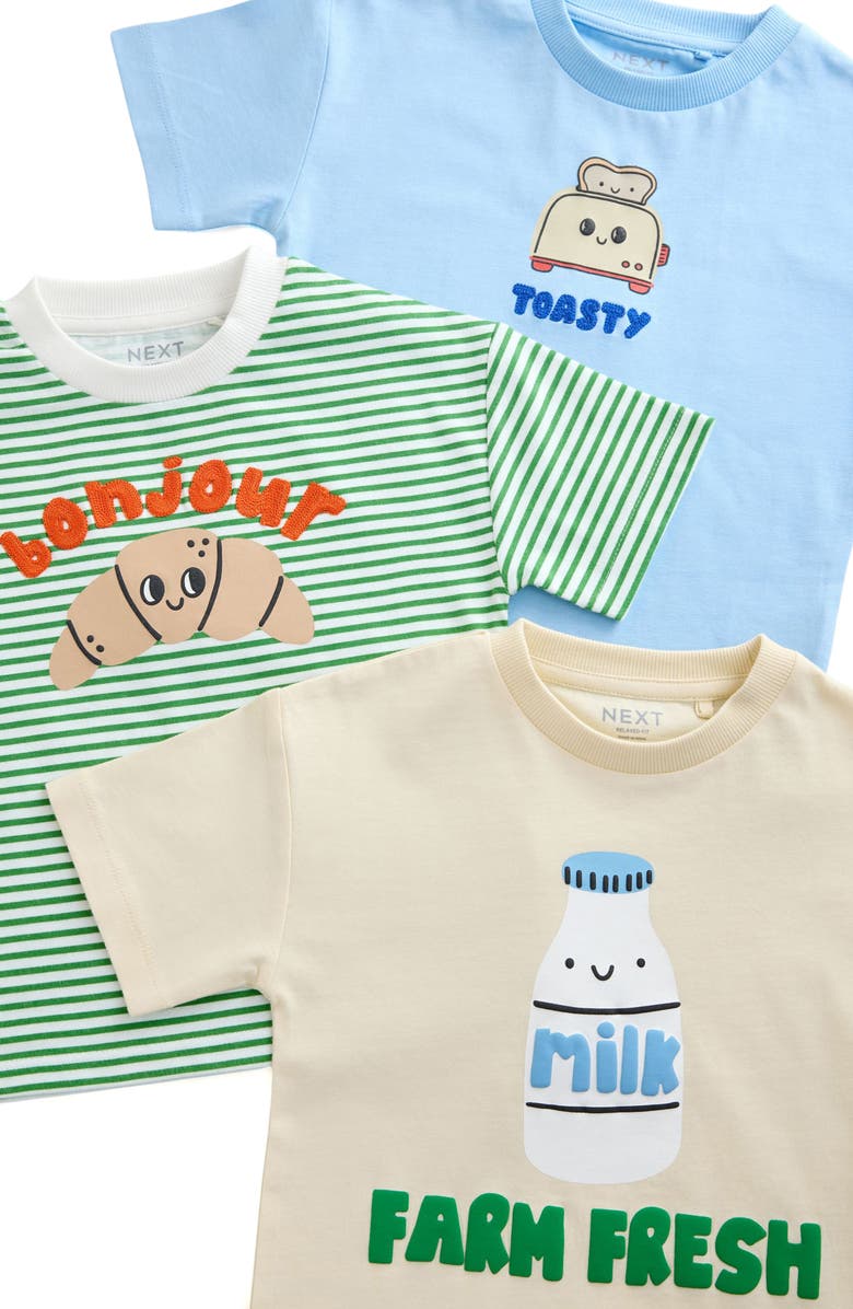 NEXT Kids' Assorted 3-Pack Breakfast Treats Embroidered Cotton Graphic T-Shirts, Alternate, color, Blue