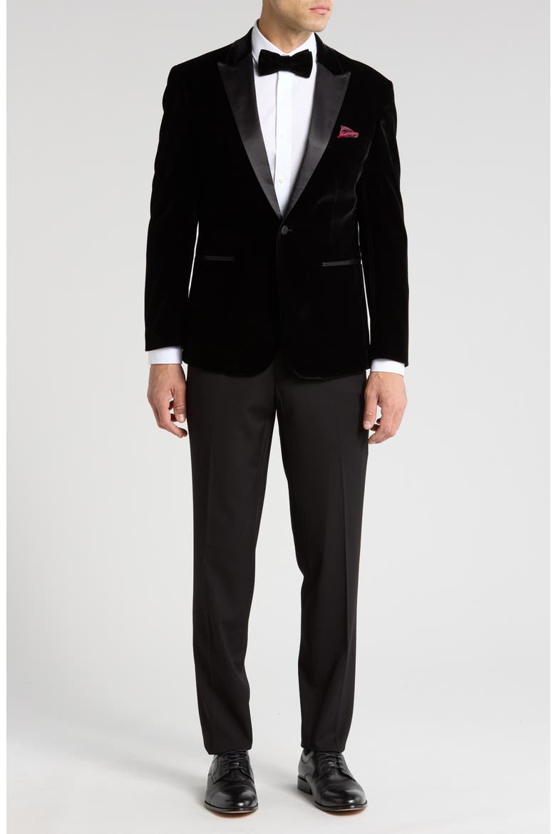 Two-Piece Velvet Birdseye Lapel Slim Fit Tuxedo, Main, color, BLACK