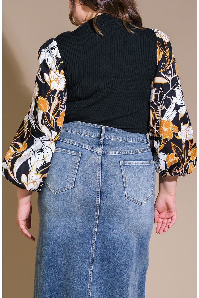 Floral Balloon Sleeve Mixed Media Sweater, Alternate, color, BLACK