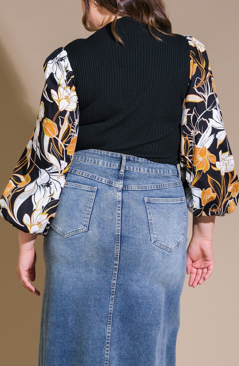 FLYING TOMATO Floral Balloon Sleeve Mixed Media Sweater, Alternate, color, Black