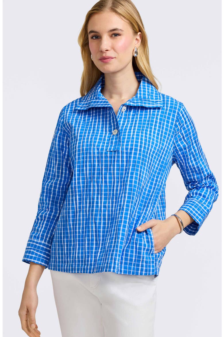 Sammy Check Crinkled Cotton Blend Top, Alternate, color, COBALT BLUE/ WHITE