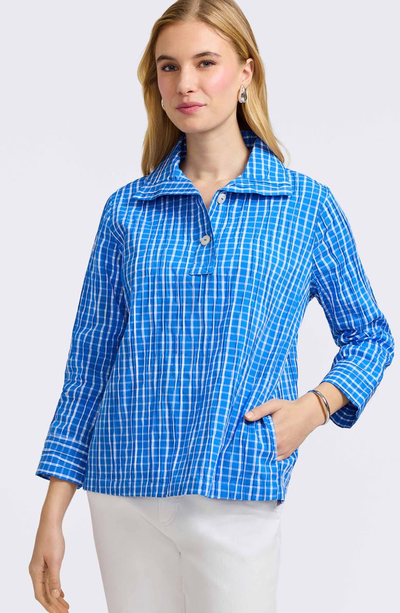 Foxcroft Sammy Check Crinkled Cotton Blend Top, Alternate, color, Cobalt Blue/ White