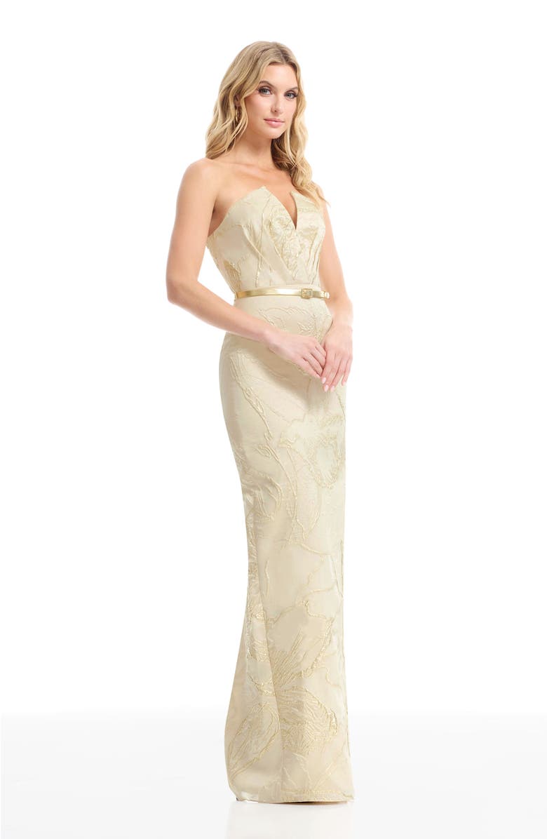 Dress the Population Kahlani Metallic Floral Jacquard Strapless Column Gown, Alternate, color, Champagne Multi