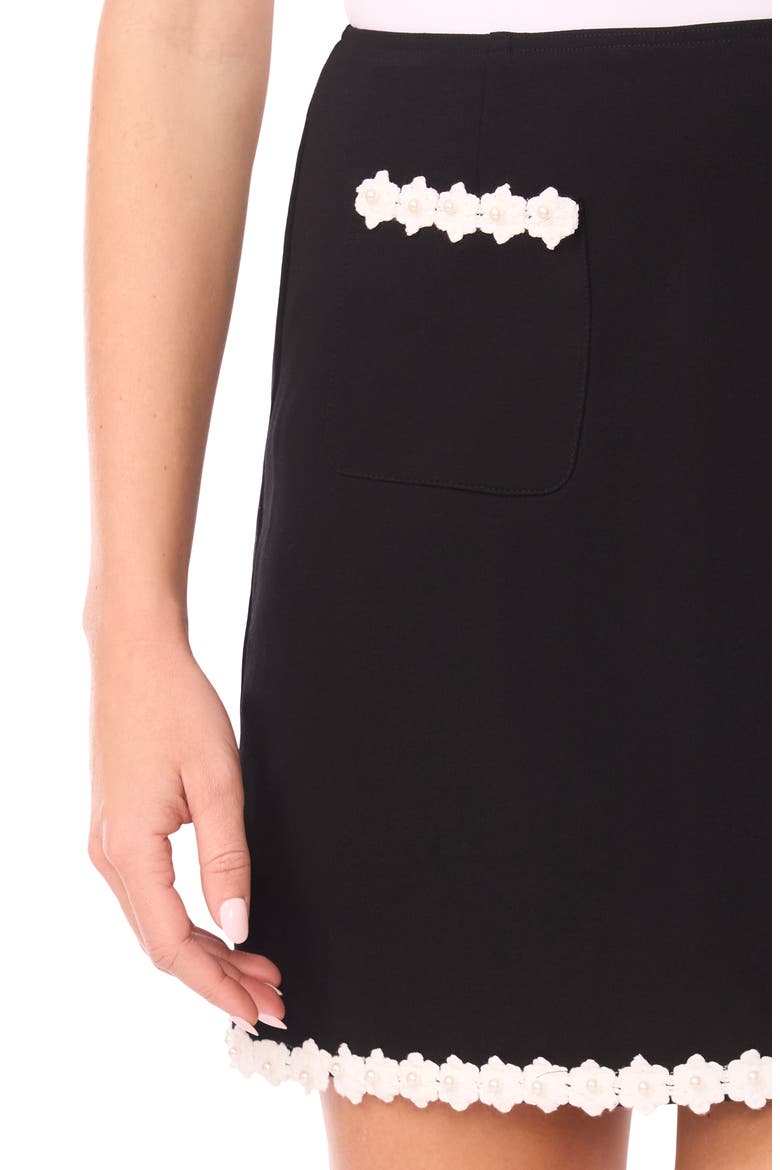 Faux Pearl Floral Trim Miniskirt, Alternate, color, RICH BLACK