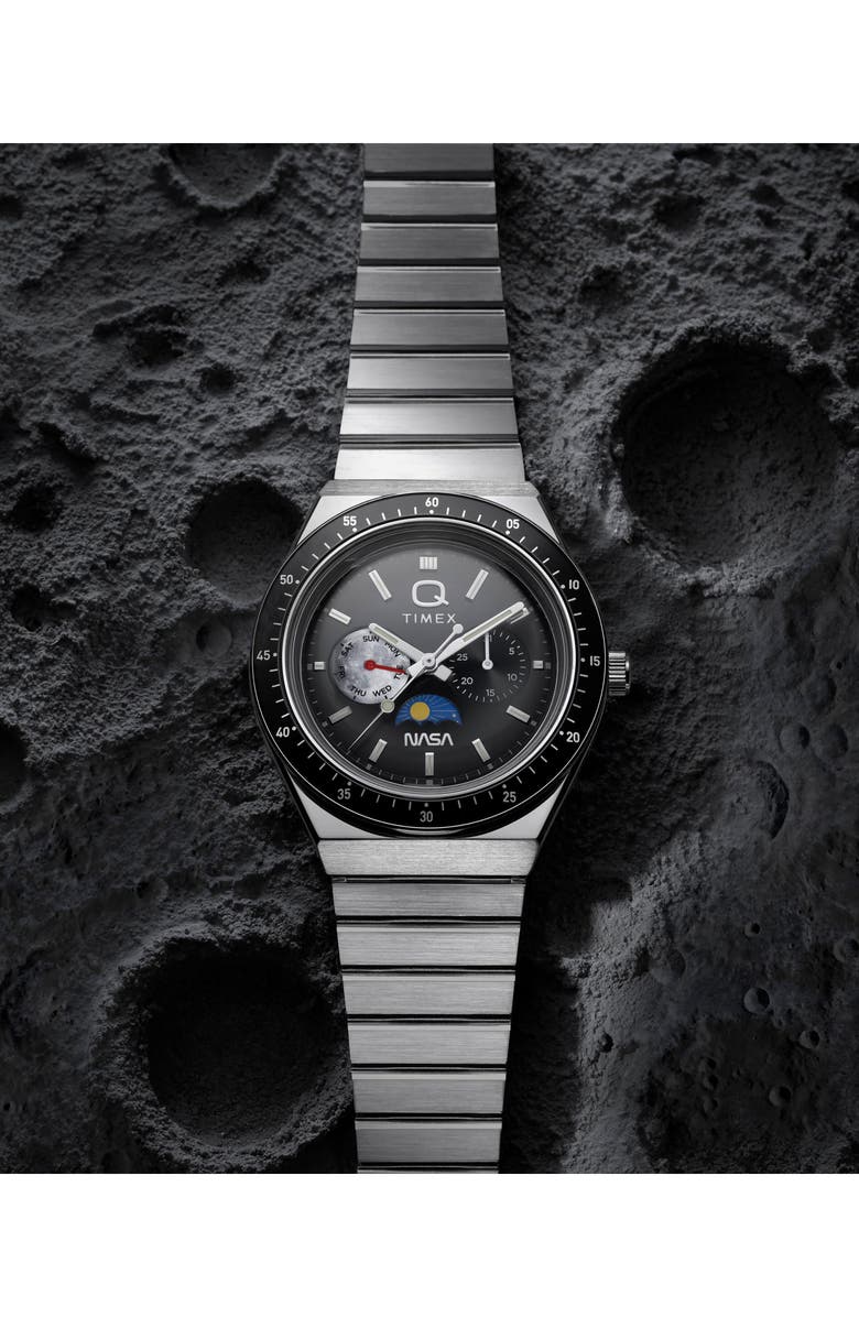 Timex<sup>®</sup> Q Timex NASA 40mm Stainless Steel Bracelet Watch, Alternate, color, Silver-Tone