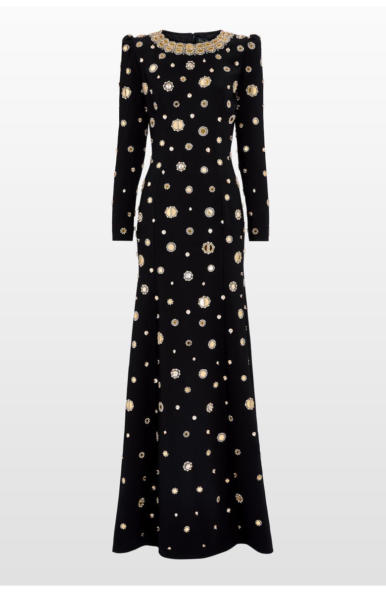 Jenny Packham Frency mirror-embellished puff-shoulders maxi dress, Main, color, Liquorice