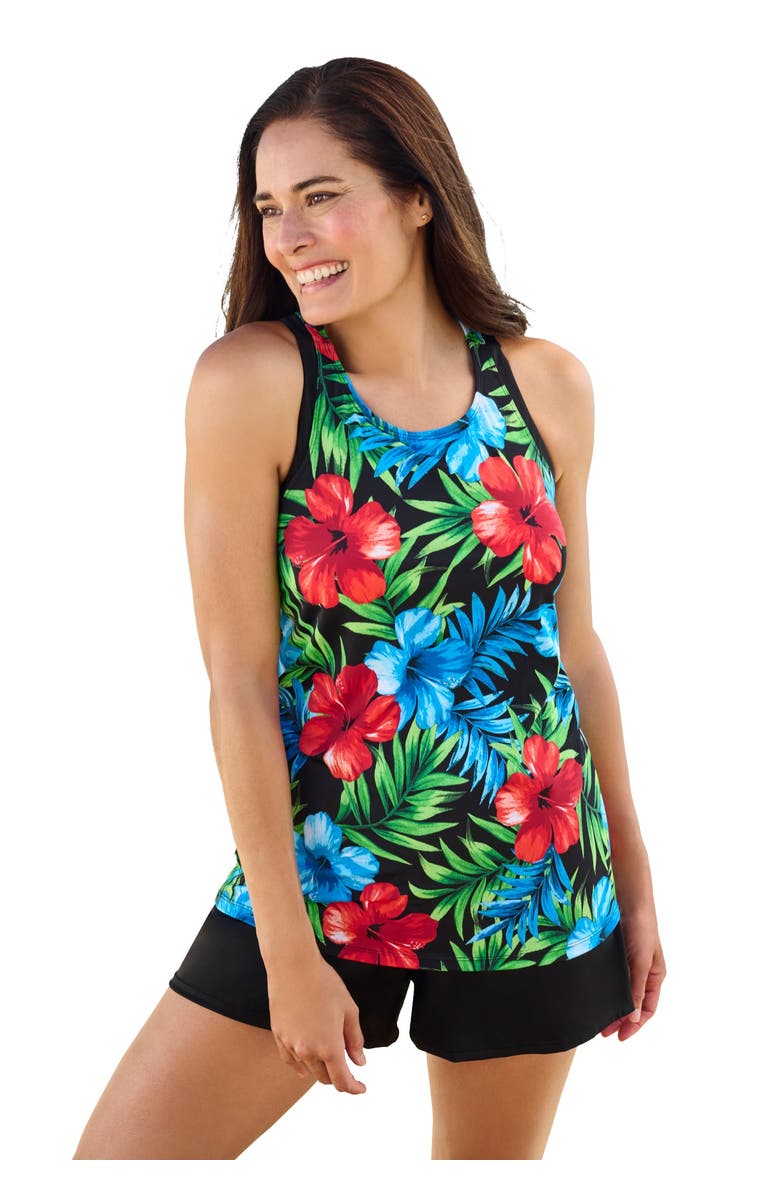 Swim 365 Longer-Length Racerback Tankini Top, Main, color, Indigo Multi