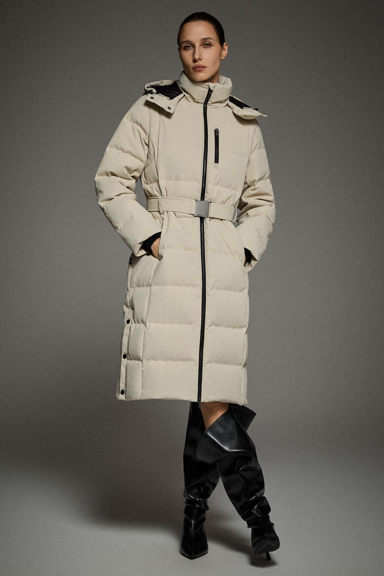 Celeste Long Hooded Belted Down Coat, Alternate, color, Beige