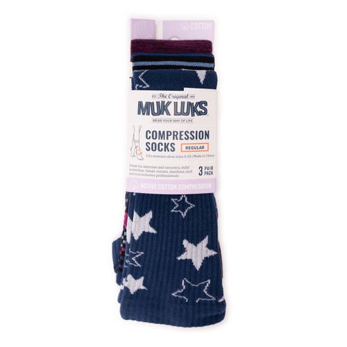 Muk Luks Cotton Rib Compression Crew Sock 3 Pair Pack In Blue