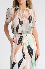 Adrianna Papell Patterned Pinch Sleeve Button-Up Shirt