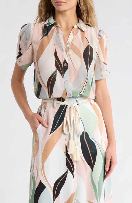 Adrianna Papell Patterned Pinch Sleeve Button-Up Shirt