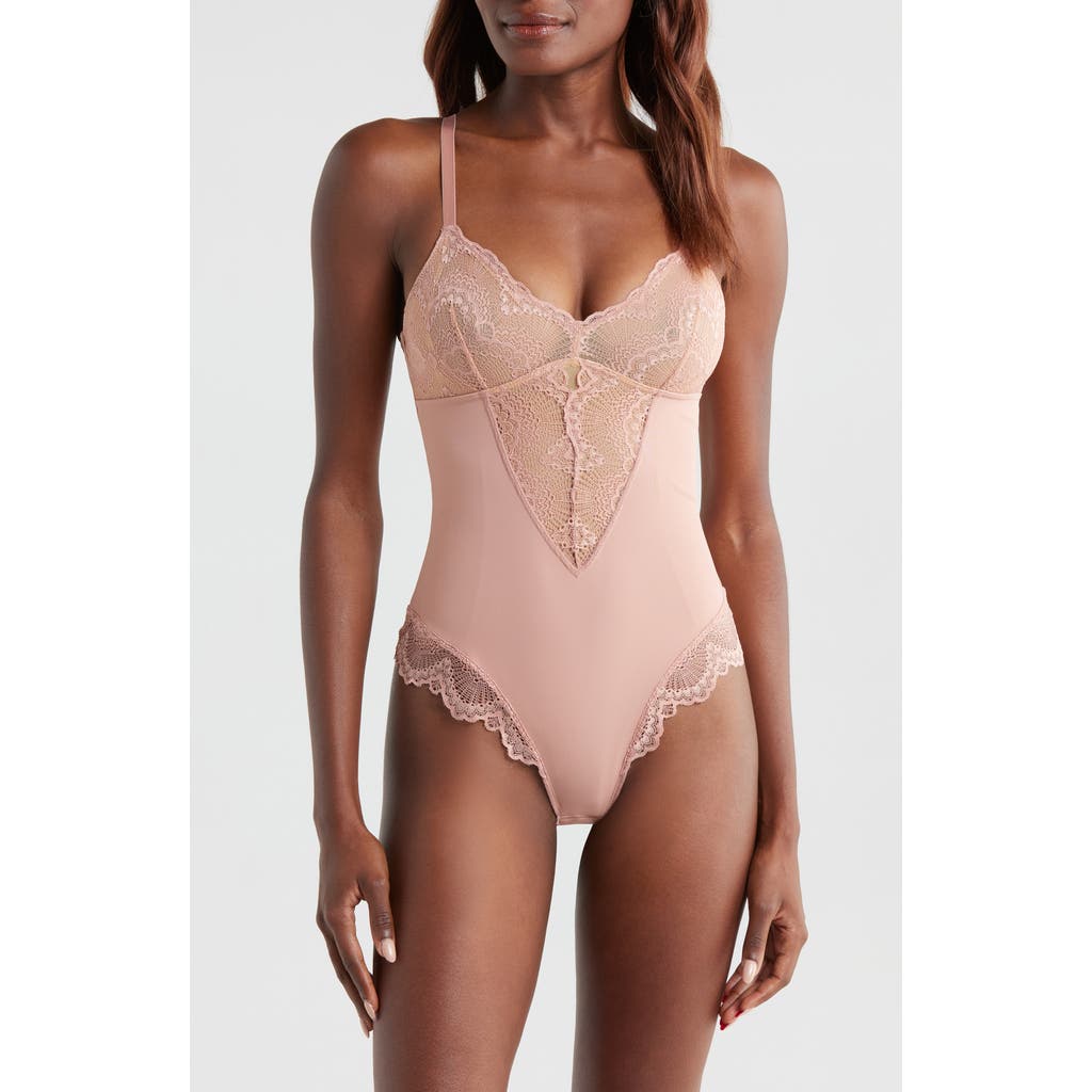 Pinsy Sculpting Lace Shapewear Bodysuit In Blush Pink