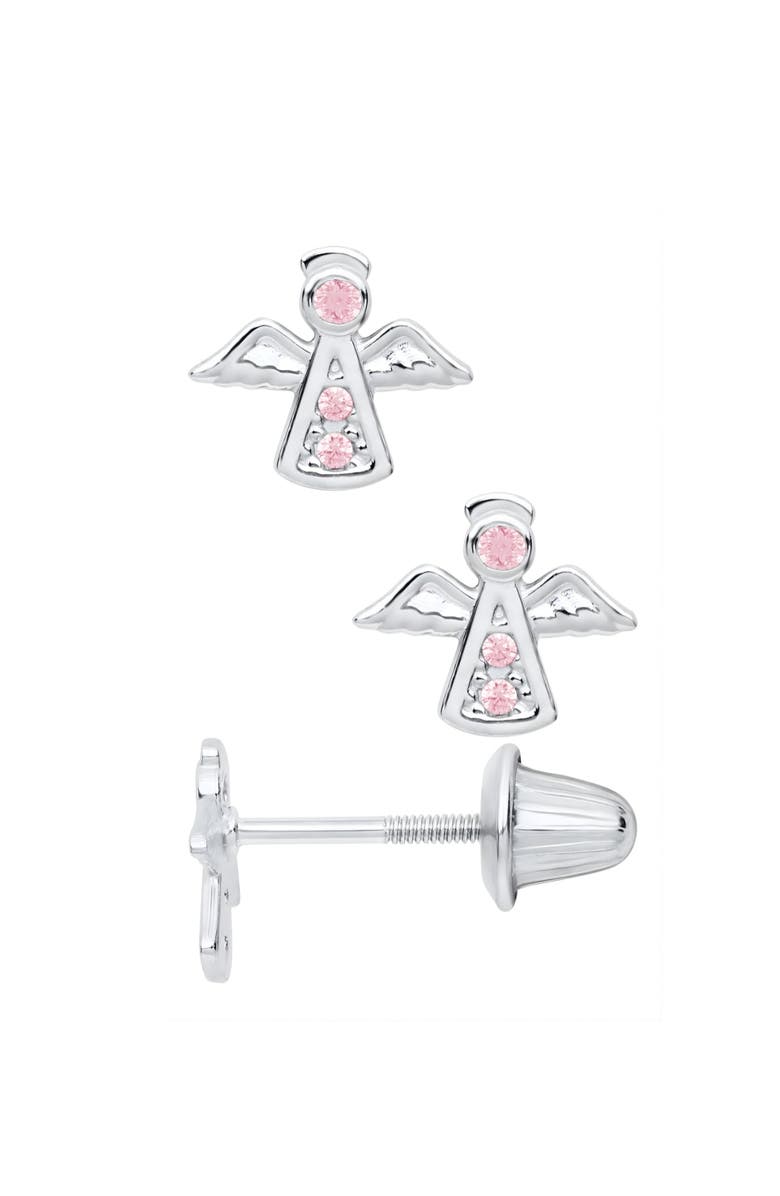 Mia Belle Girls Angel Sterling Silver Earrings, Main, color, Metallic Silver