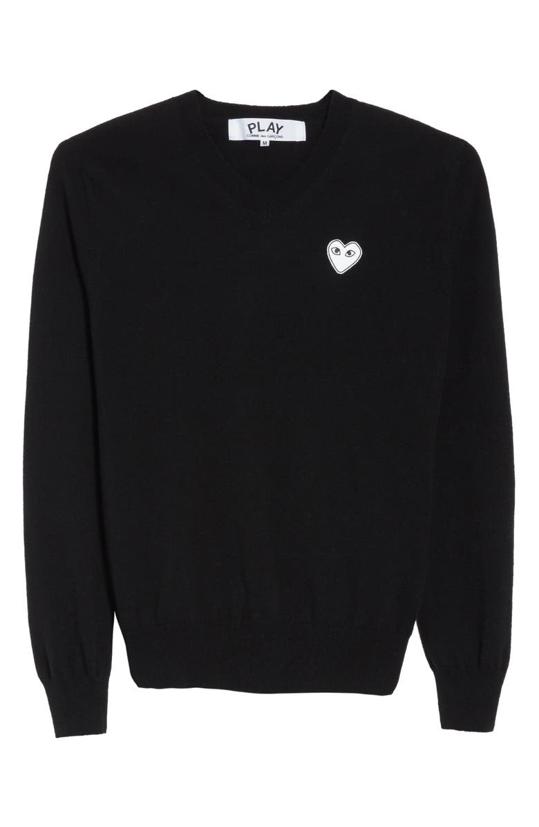 Comme des Garçons PLAY White Heart Wool V-Neck Sweater, Alternate, color,