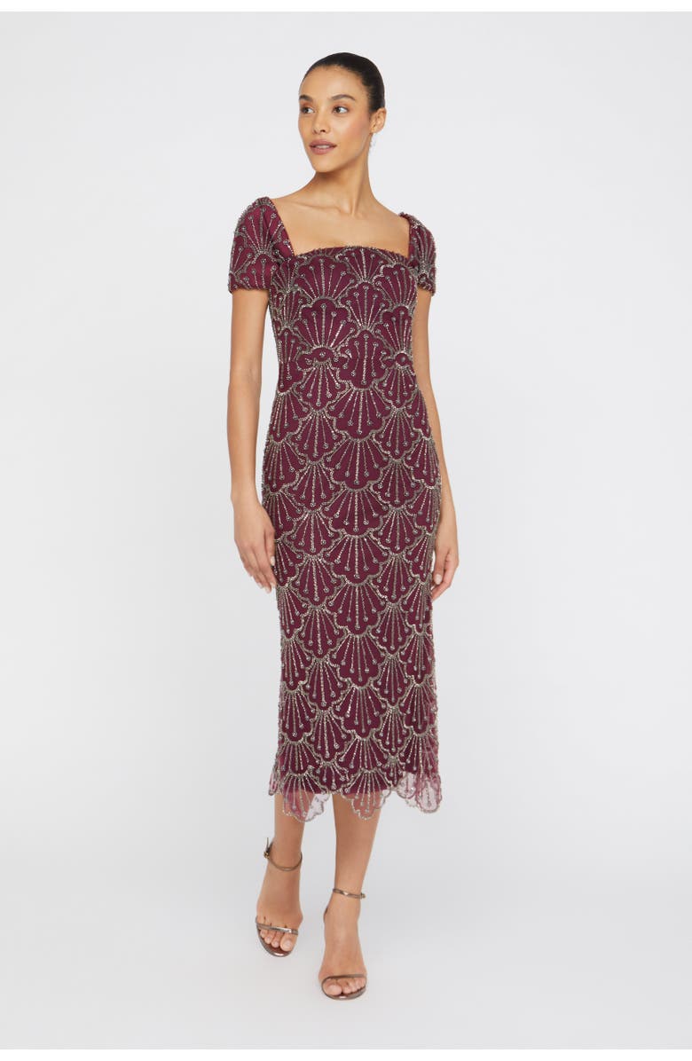 Theia Serena Beaded Cocktail Square-Neck Sheath Dress, Alternate, color, Oxblood