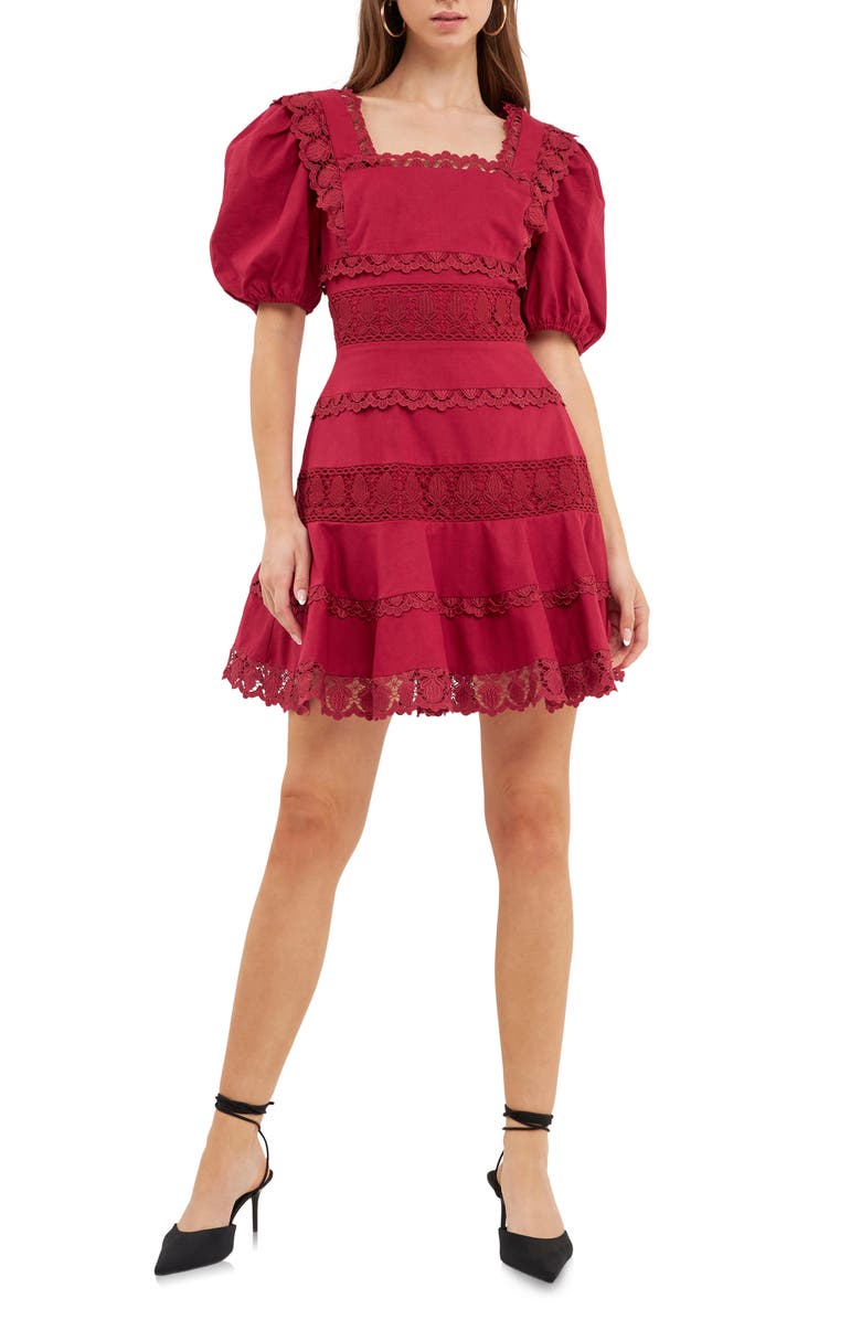 Endless Rose Lace Puff Sleeve Cotton & Linen Minidress, Main, color, Berry