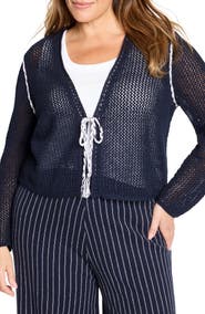 NIC+ZOE Tie Front Open Stitch Cotton Blend Cardigan
