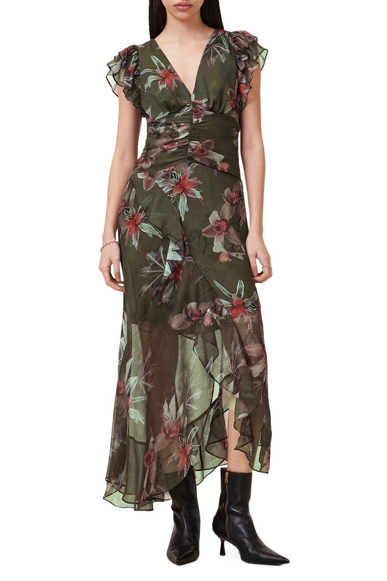 Brea Orchid Print Asymmetric Dress, Main, color, ADENA KHAKI GREEN